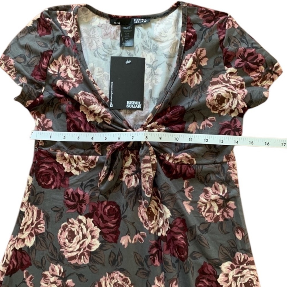 REBEL SUGAR Medium Floral Gray Burgundy short sleeve dress - Picture 15 of 16